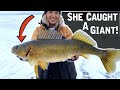 SHE CAUGHT A GIANT! - Ice Fishing Walleyes