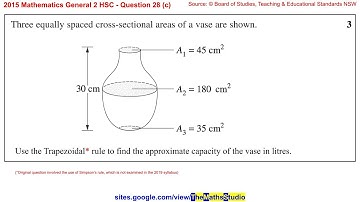 2015 Maths General 2 HSC Q28c Estimate vase volume, capacity with 2 applications of Trapezoidal rule