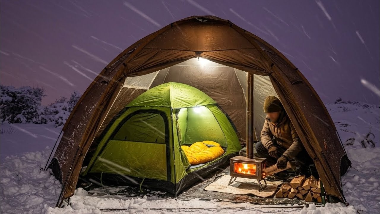 Tent Inside Tent | Winter Solo Hot Tent Camping in Heavy Snow | Snowstorm, Blizzard Camp | Wild Cook