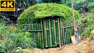 Build a Survival bushcraft Shelter with Bamboos, thatched roof, Fire stove, grilled meat