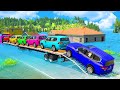 Triple Flatbed Trailer McQueen Transportation with Truck - Speedbumps vs Cars vs Train - BeamNG
