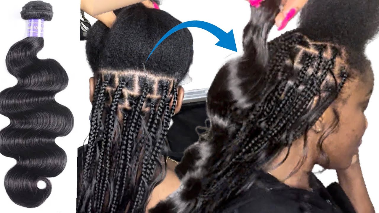 Small Knotless Feed-in Braids w/ Curly Human Hair Bundles, On Self