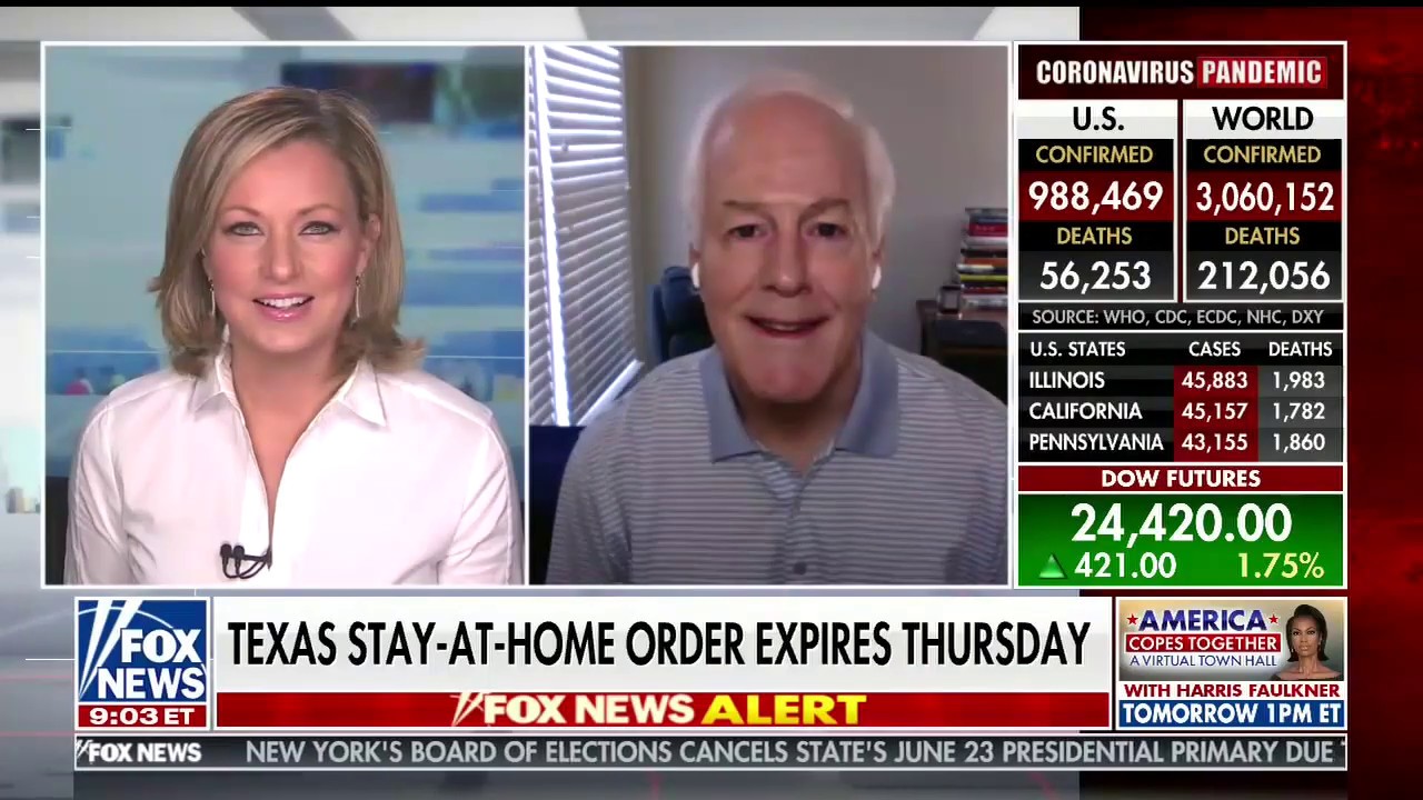 On Fox Sen John Cornyn Discusses Texas Reopening Coronavirus