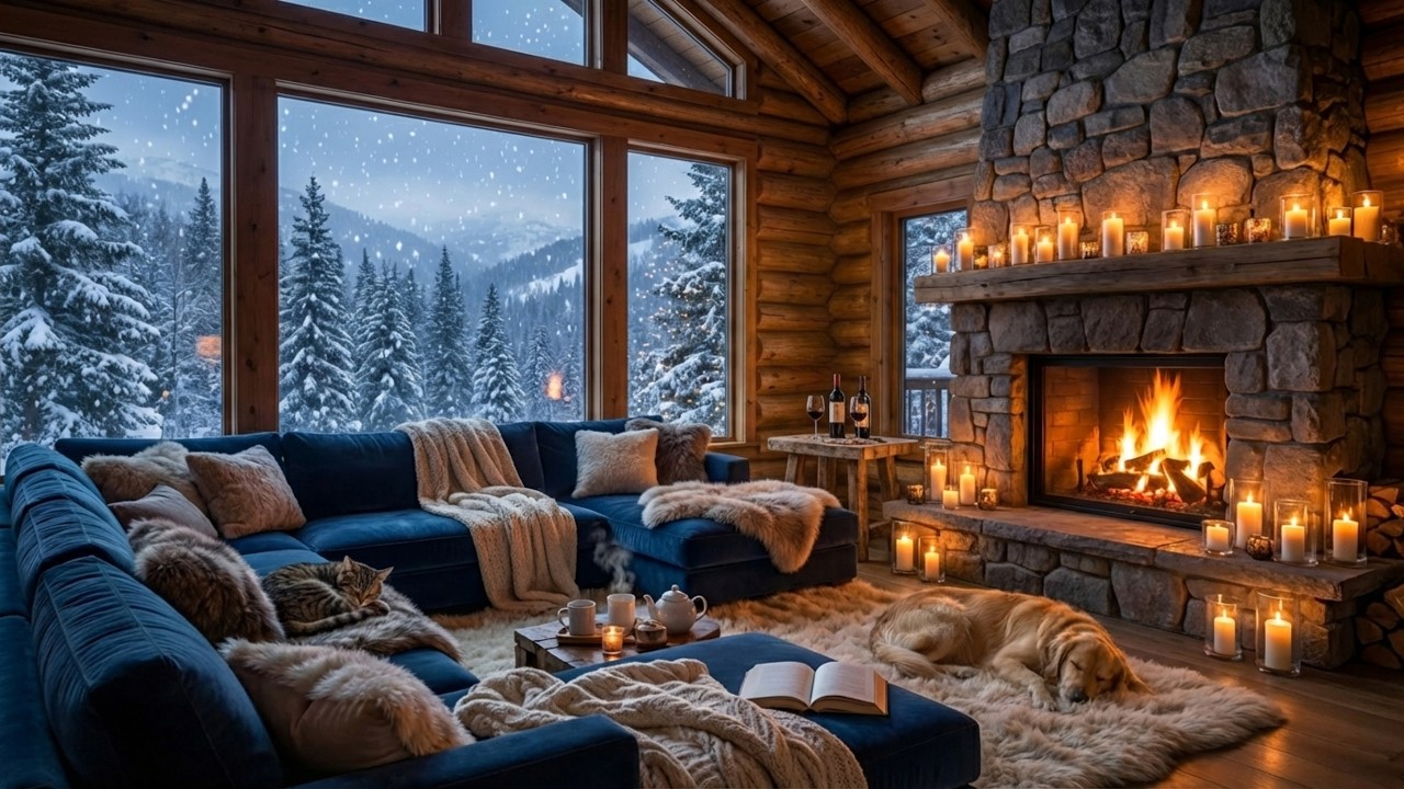 Winter Cabin Jazz ❄️ Cozy Fireplace & Snowy Forest | Relaxing Sax, Piano & Guitar for Study & Sleep