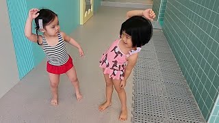 [SUB] A Cute Korean Kid learns warm-up from older before swimming. 🏊‍♀️