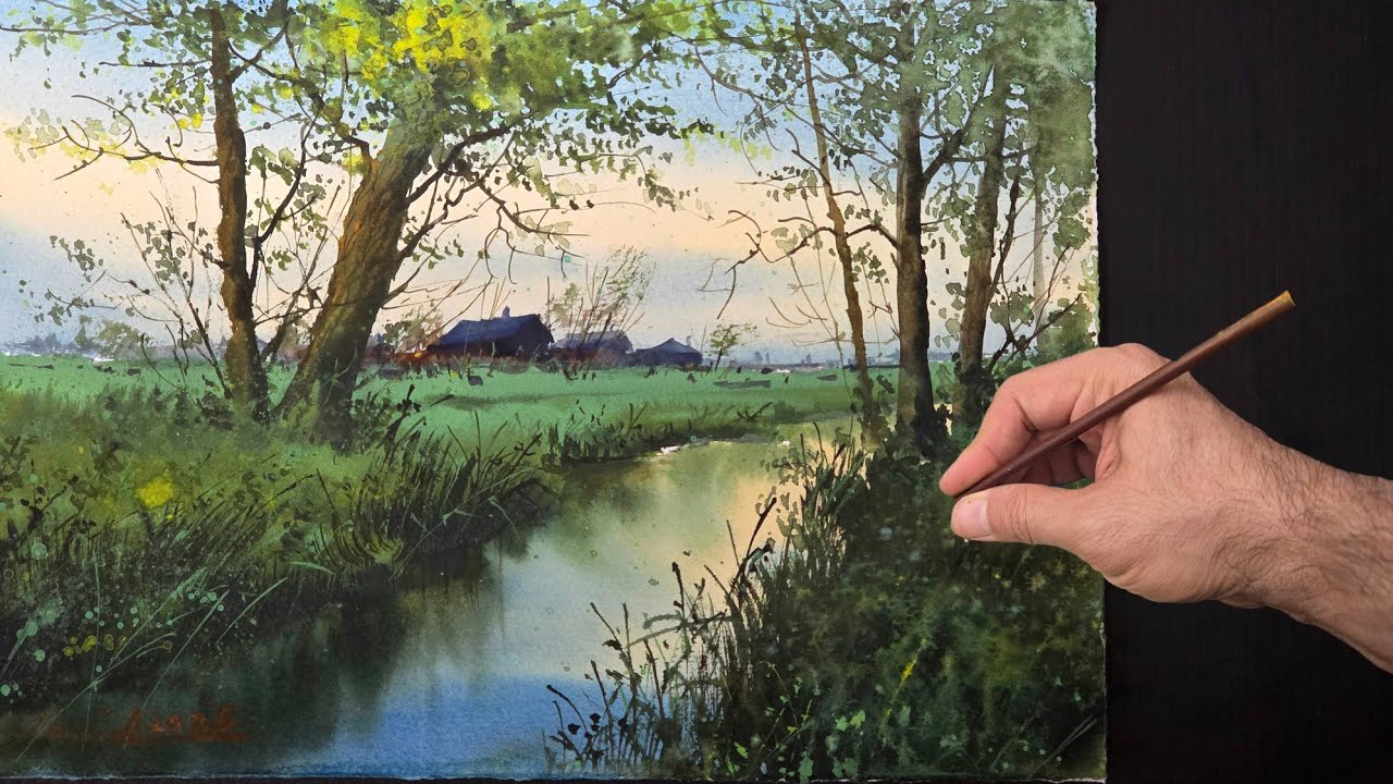 Easy Watercolor Landscape with Trees and River