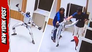 Rogue Robot Launches Kung Fu Kicks, While Handlers Attempt to Subdue It