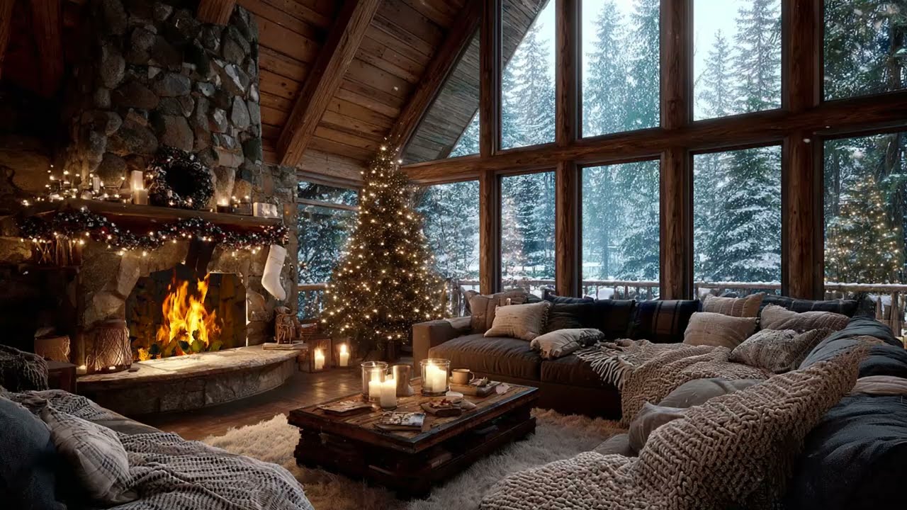Christmas Snowfall Blending With Fire Ambience Creates Gentle Calm And Festive Comfort