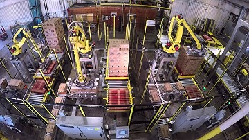 KPal V Robotic Case Palletizer, Transfer Car, Pallet Dispenser and Overhead Stretch Wrap System