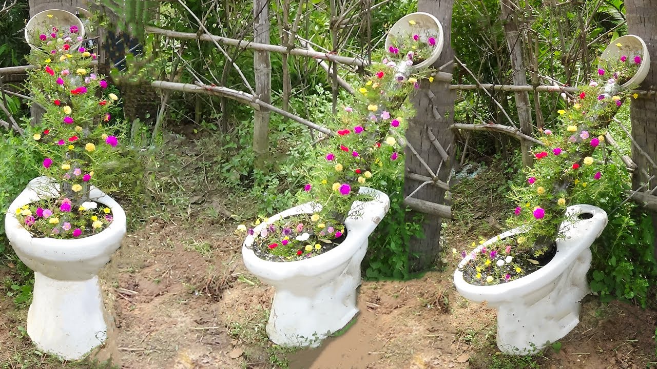 DIY make discretion garden ideas growing flower in recycled old toilet