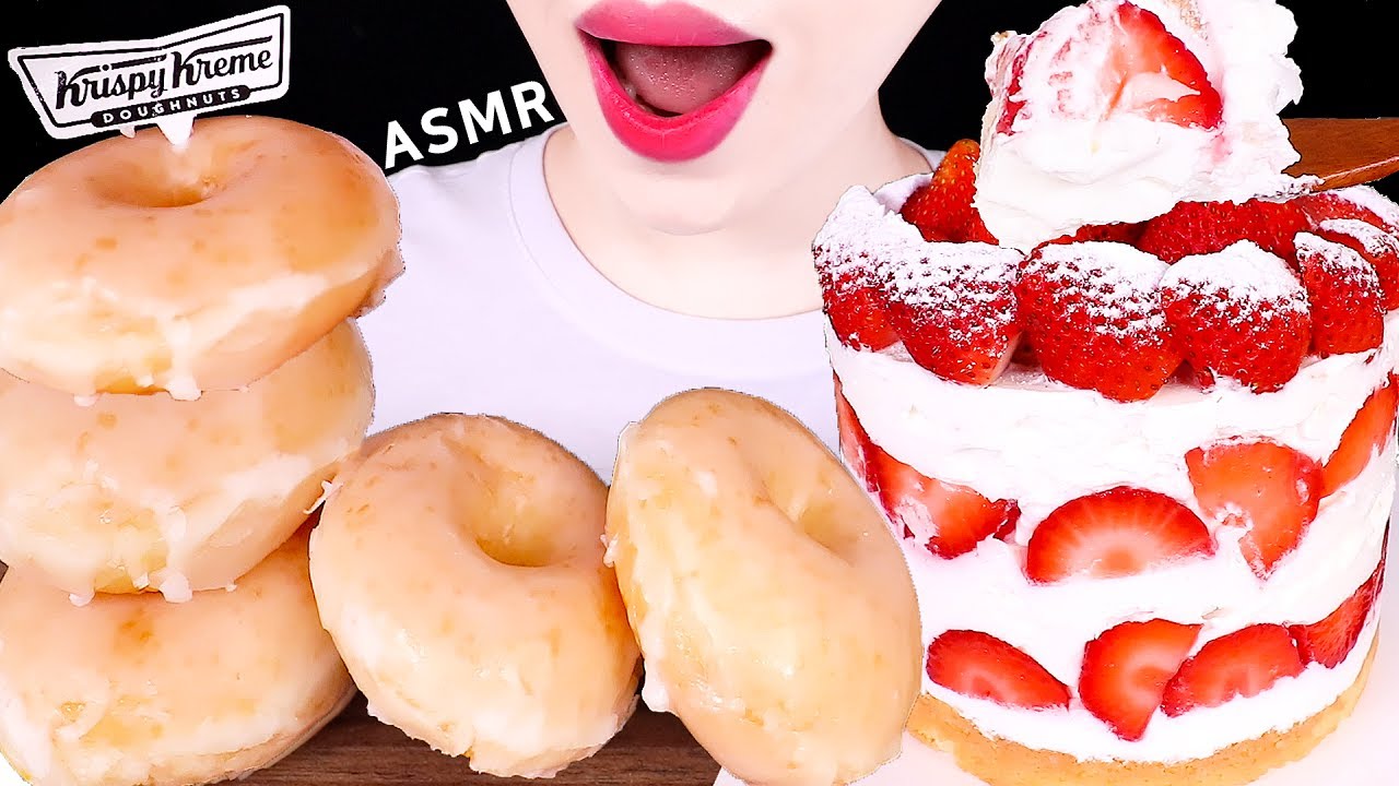 ASMR KRISPY KREME DONUTS, STRAWBERRY WHIPPED CREAM CAKE 키친205 딸기 케이크, 크리스피 도넛EATING SOUNDS MUKBANG먹방