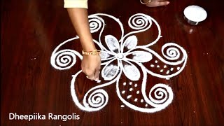 2 Amazing flower rangoli & kolam designs with 5*3 dots *Daily BEGINNERS rangoli *easy rangoli