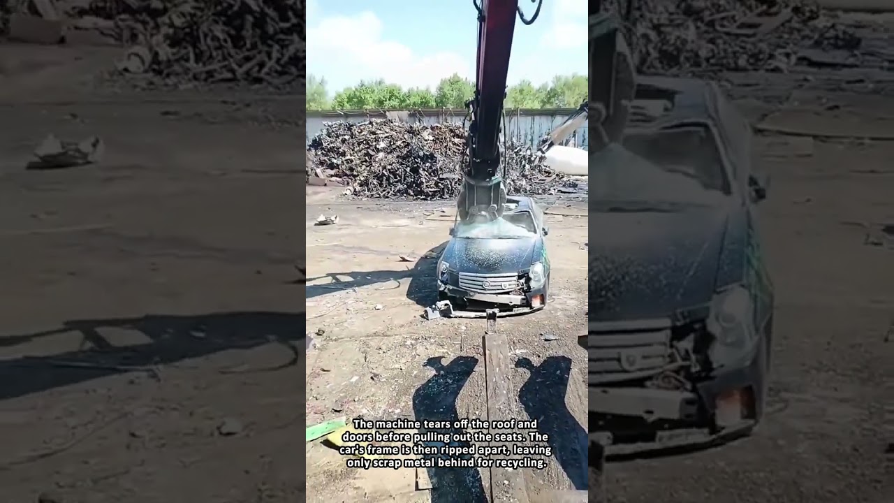 Hydraulic Shear Dismantling a Car for Scrap Metal