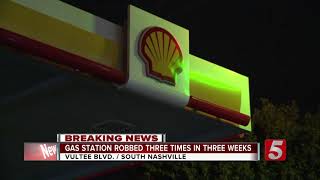 Armed robbers target gas station for third time this month