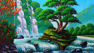 Mountais and waterfalls drawing and painting | Beautiful Nature painting