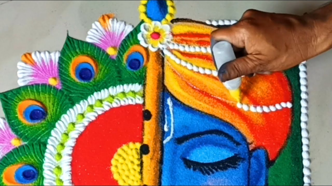 Extremely beautiful rangoli design with shree Krishna. - YouTube