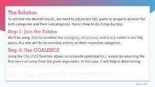 How to Use COUNT with JOIN and GROUP BY in PostgreSQL for Nested Categories