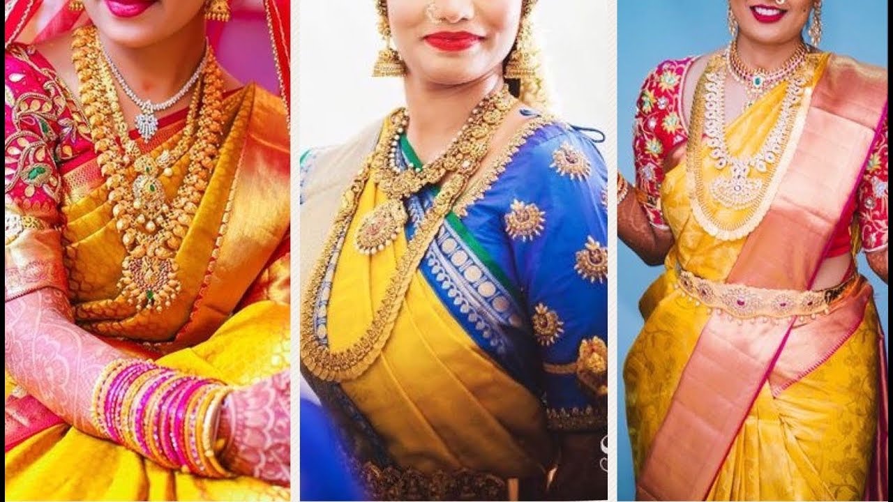 Yellow Kanchipuram Silk Sarees With Contrast Blouse Collection