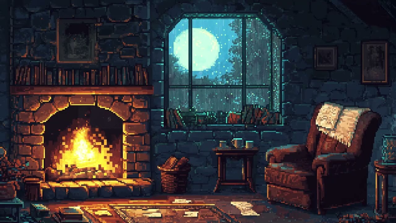 Cozy pixel cabin rain with fire sounds - Work & study in fantasy ambience (3H)