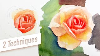 Two techniques painting rose in watercolor