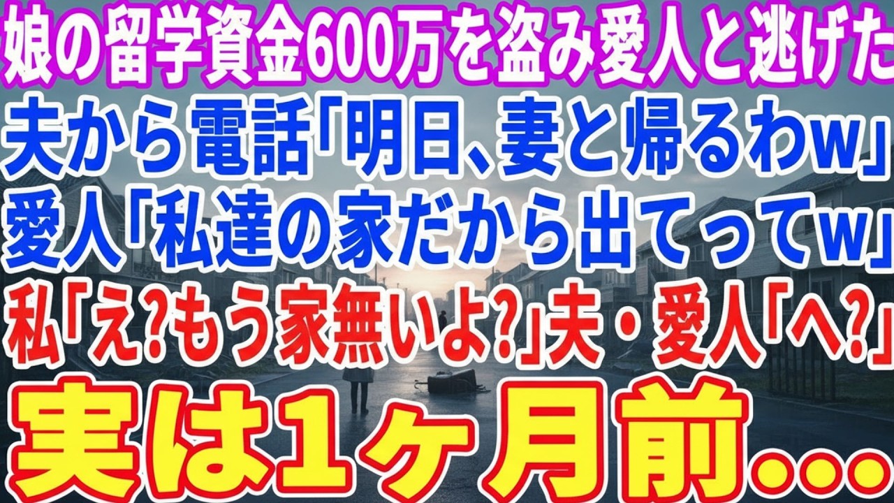 【スカッとする話】半年前、娘の留学資金600万を盗み愛人と逃げた夫から電話「明日家に帰るからw」愛人「私たちの家よ！お前らは出てけw」私「え？もう家ないよ？」夫・愛人「え？」実は1ヶ月前…