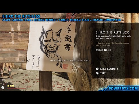 Bounty board poster with an oni mask drawing for Eijiro the Ruthless, next to a Take Bounty prompt