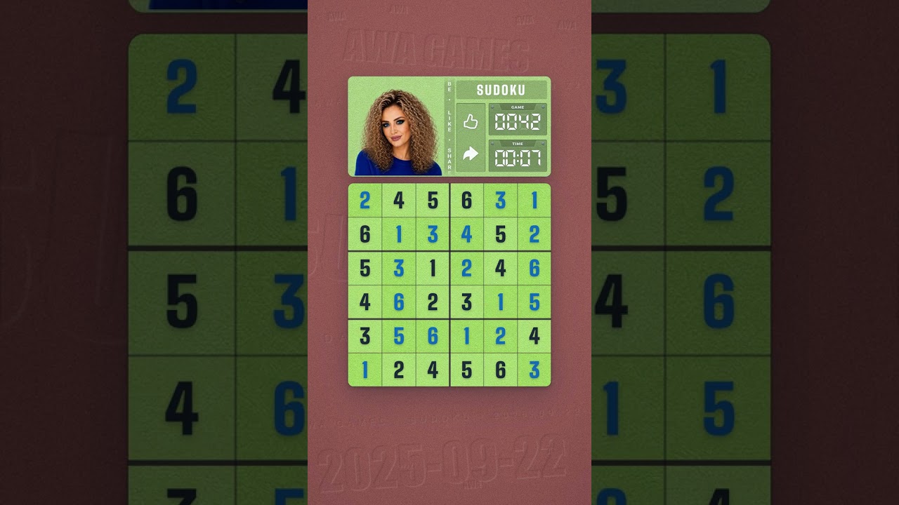 LinkedIn Mini Sudoku #42 solved board for September 22, 2025, 6x6 grid
