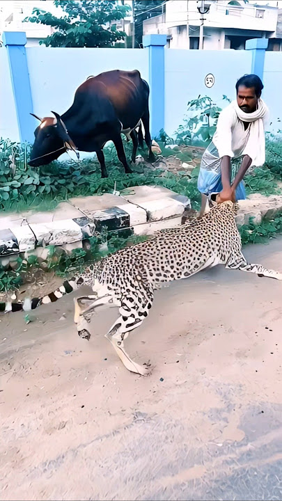 cheetah try to attack the cow but brave man saved  cow #lion#trending#shorts#animalsl#Animated#ai