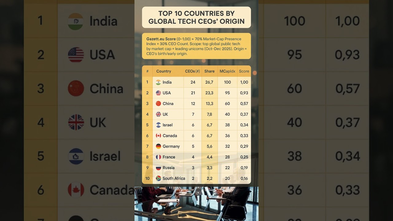 Top 10 Countries by Global Tech CEOs’ Origin | India #1 #indianceo #globalleaders