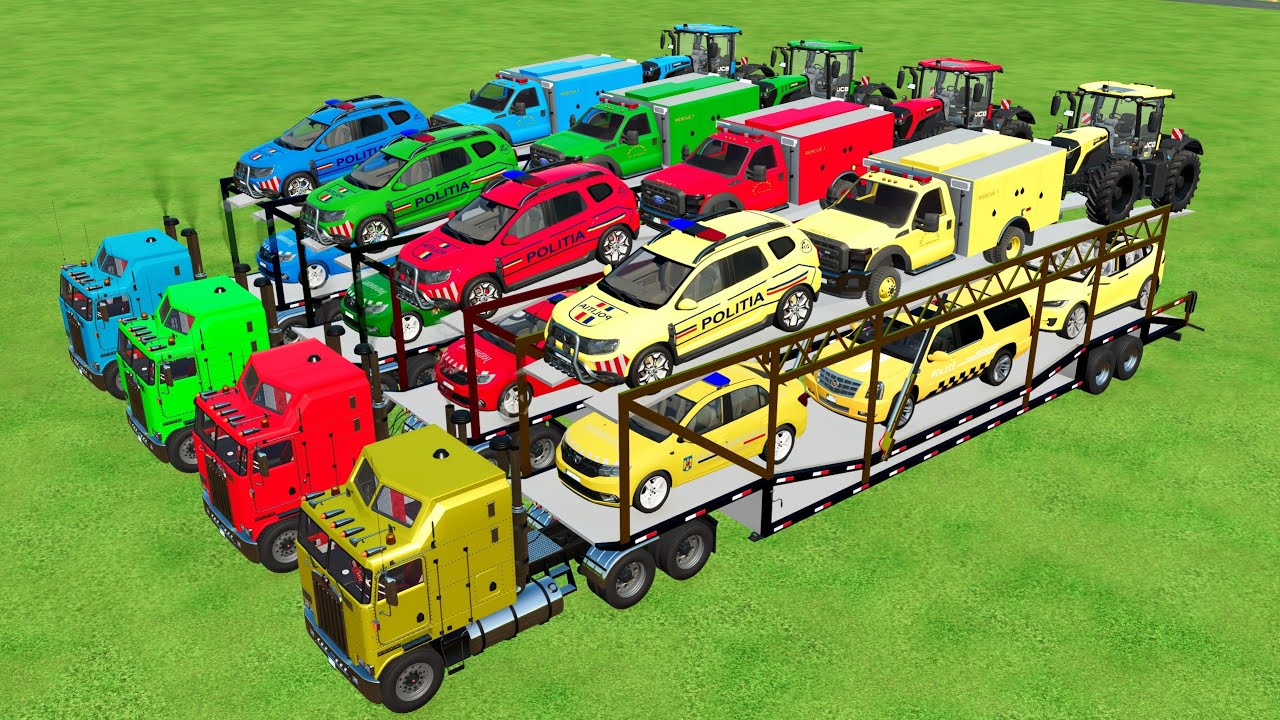 DACIA VOLKSWAGEN - EXCAVATOR, TRACTORS, POLICE CAR, GARAGE COLOR TEAM! Farming Simulator 22