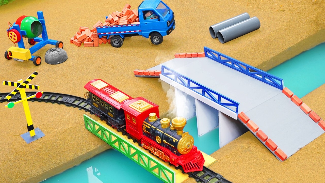 Mini Construction Team Builds Strong Brick Bridge and Railway Track System