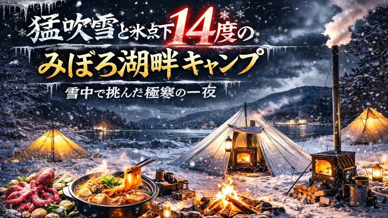 猛吹雪と氷点下14度のみぼろ湖畔キャンプサイト｜雪中で挑んだ極寒の一夜 #ONETIGRIS  #トラ連れキャンプ #SmokeyHut #雪中キャンプ