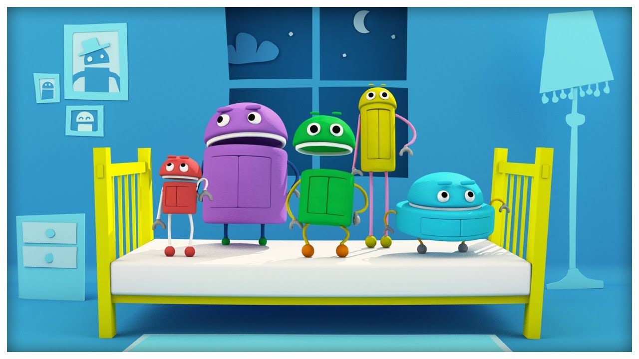 Five little storybots jumping on the bed