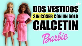 Cómo hacer 2 Vestidos para Barbie Sin Coser con un solo Calcetín. Ropa para muñecas.