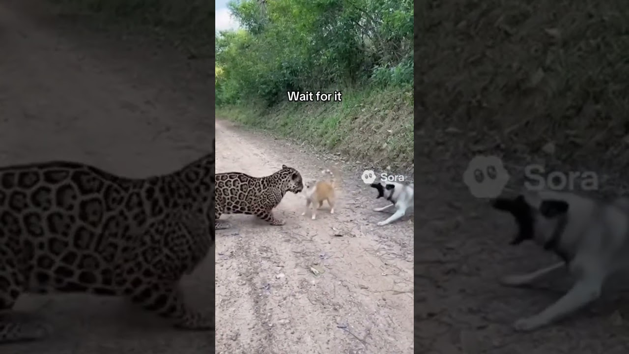 Jaguar faces dog and cat breaks up the fight 😱 
