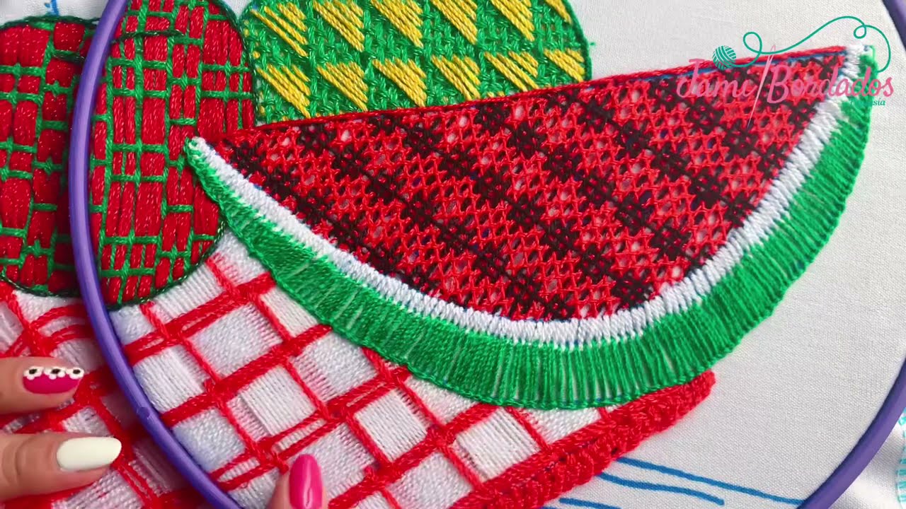 206. Bordado Fantasía Sandía 5 / Hand Embroidery Watermelon 🍉 with Fantasy Stitch