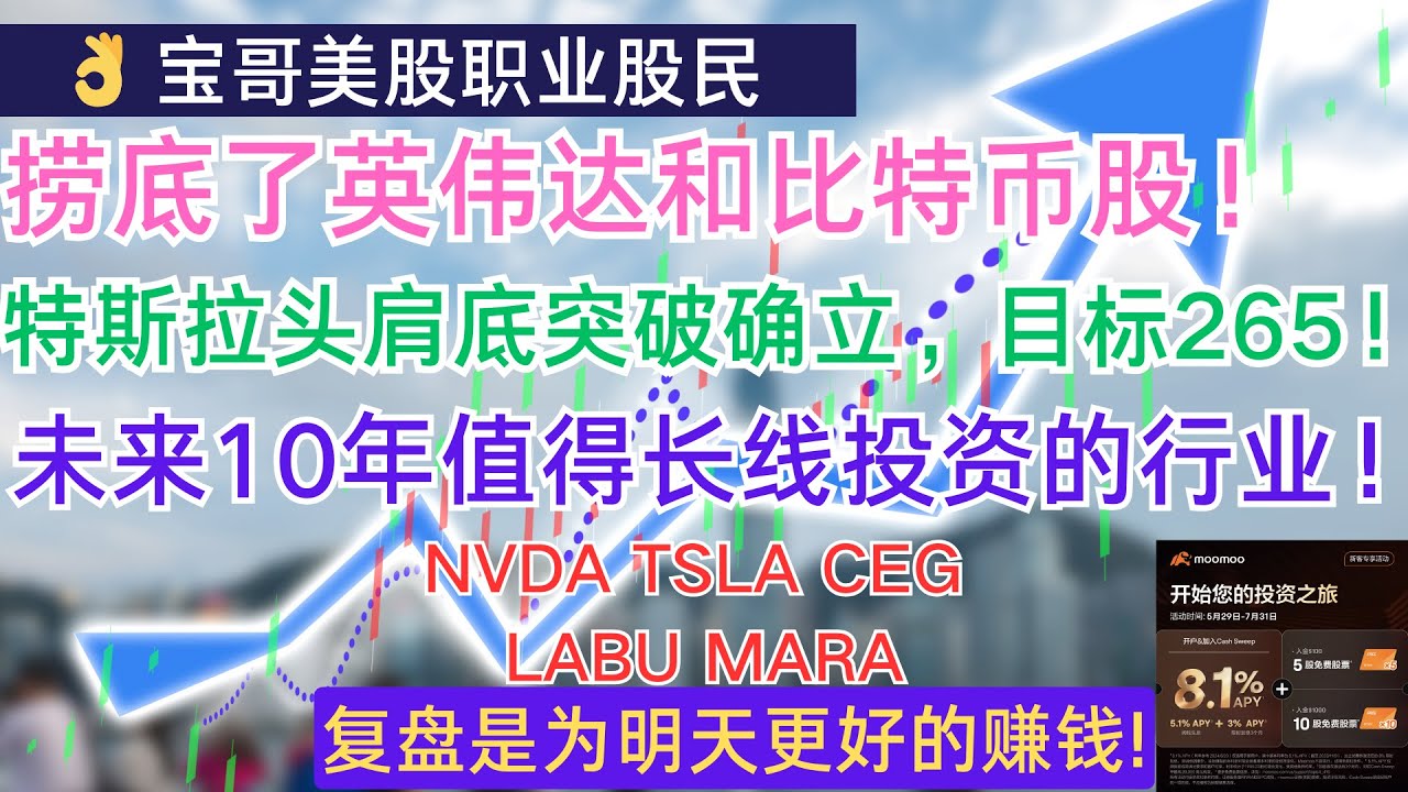 捞底了英伟达和比特币股！特斯拉头肩底突破确立，目标265！未来10年值得长线投资的行业！NVDA TSLA CEG LABU MARA!  07012024