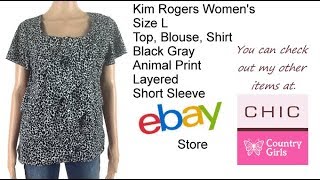 Kim Rogers Women's Size L Top Black Gray Animal Layered Print Short Sleeve
