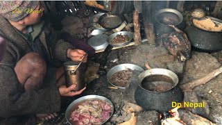 The Himalayan Nepali food cooking sheep meat cooking eating in sheep farm and sheep shelter summer