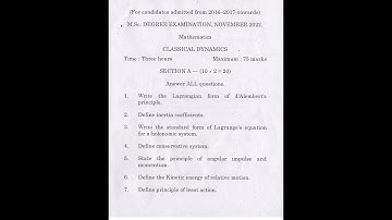 CLASSICAL DYNAMICS, Bharathidasan University PG Maths Department Question Paper Nov 2022.