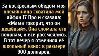 картинка: За воскресным обедом моя племянница схватила мой телефон 17 Pro и сказала: «Мама говорит...