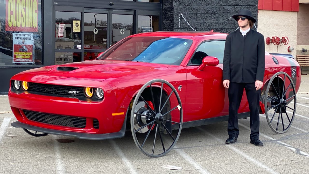 ⁣Hellcat on Horse & Buggy Wheels goes to town and does burnouts