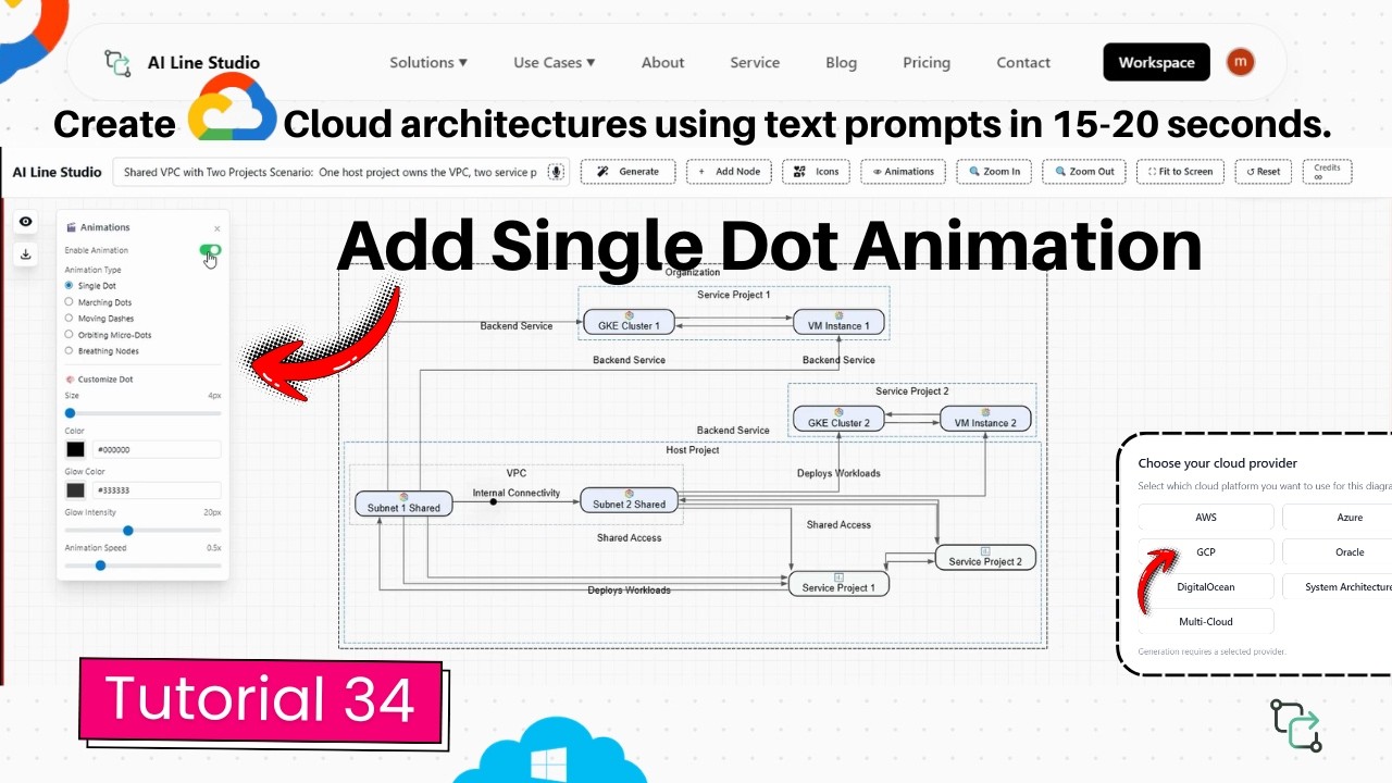 GCP architecture diagram single dot animation tutorial showing a traveling dot along shared VPC connection lines