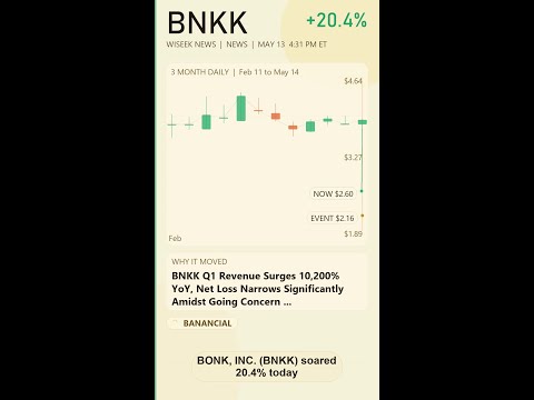 BNKK +20.4% — BONK, INC. Q1 Revenue Surges 10,200% YoY, Net Loss Narrows Significantly Amidst Goi...