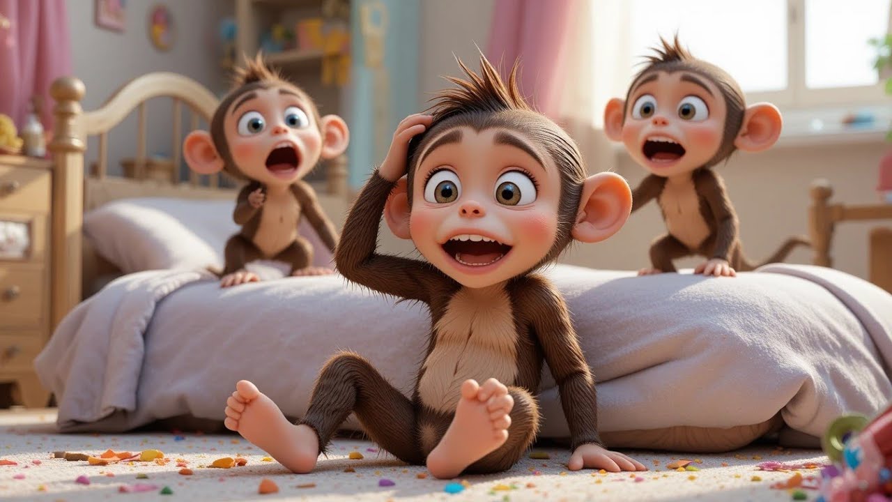 🐵 Five Little Monkeys 🛏️ Jumping on the Bed | 3D Nursery Rhyme for Kids | Funny Cartoon Song 🎶
