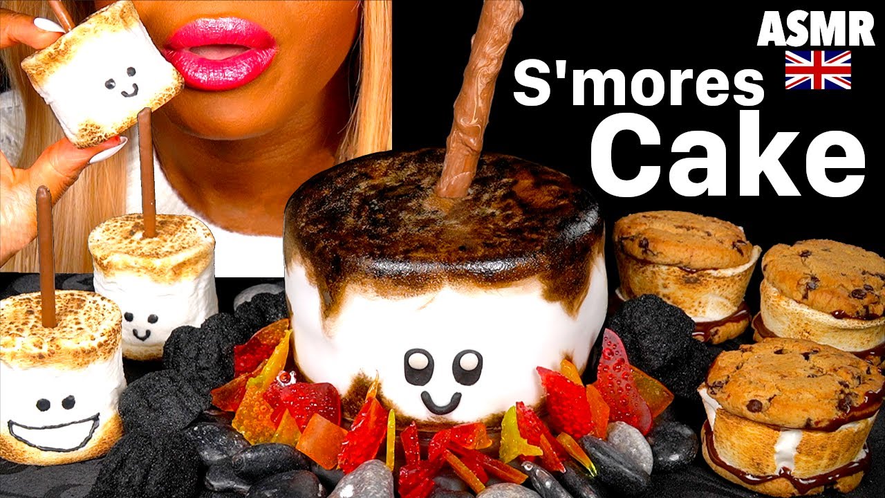 ASMR EATING GIANT S'MORES CAKE, EDIBLE CAMPFIRE, CHARCOAL, STONES ...