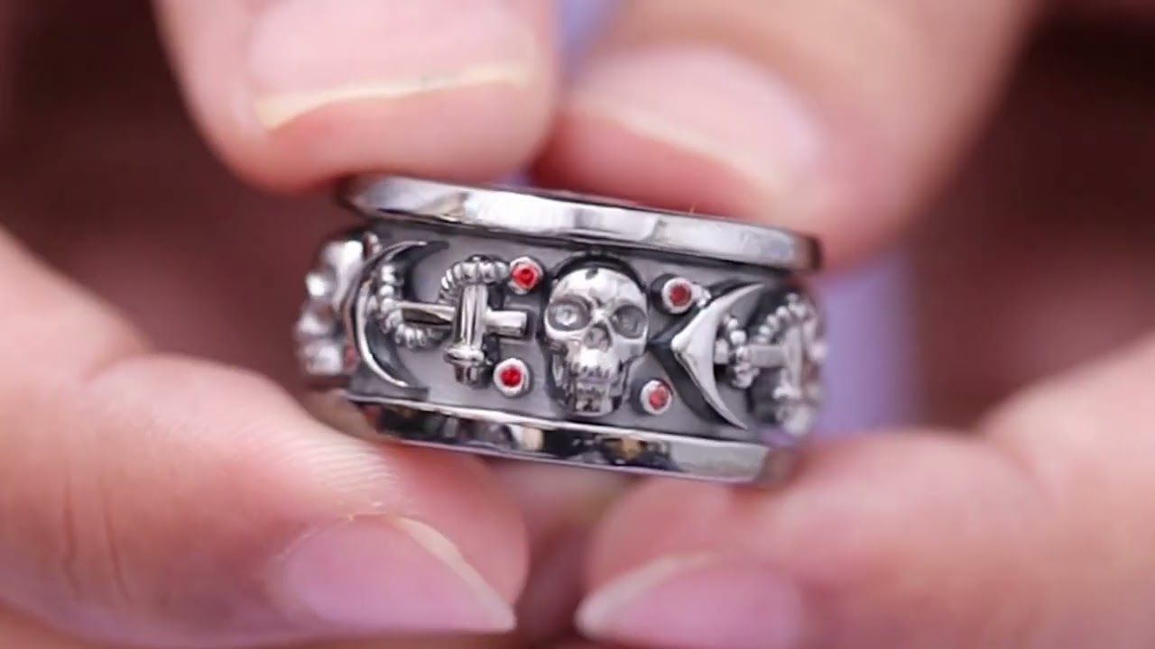 Anchor Gothic Skull Wedding Band For Men Badass Biker Skull Band Silver