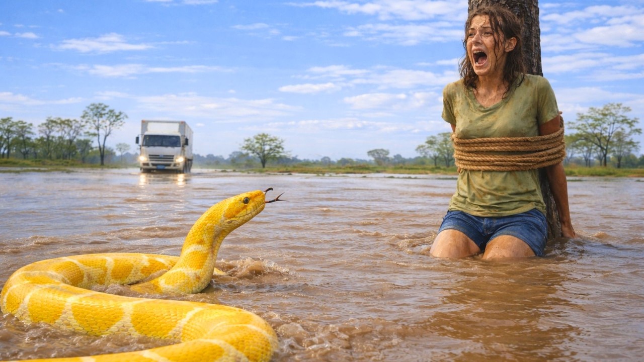 Camionero ve a una joven atada en la inundación con una SERPIENTE cerca… frena y actúa...