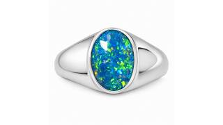 Men's Silver Ring with Oval Coober Pedy Shell Opal - Vibrant Green &amp; Blue - 9095 | FlashOpal