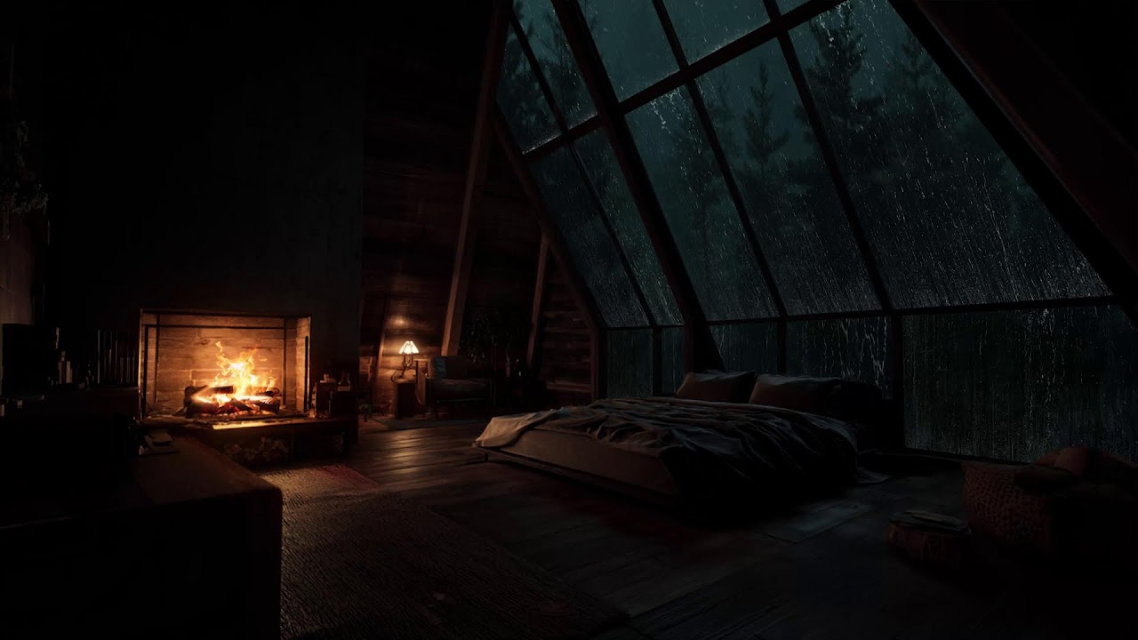 A peaceful forest cabin at night as gentle rain and fireplace sounds echo through the quiet woods 🌧️